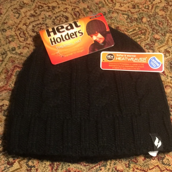 New! Heat Holders Black Cable Knit Plush Faux Fur Lining Thermal Hat One Size - Picture 2 of 10
